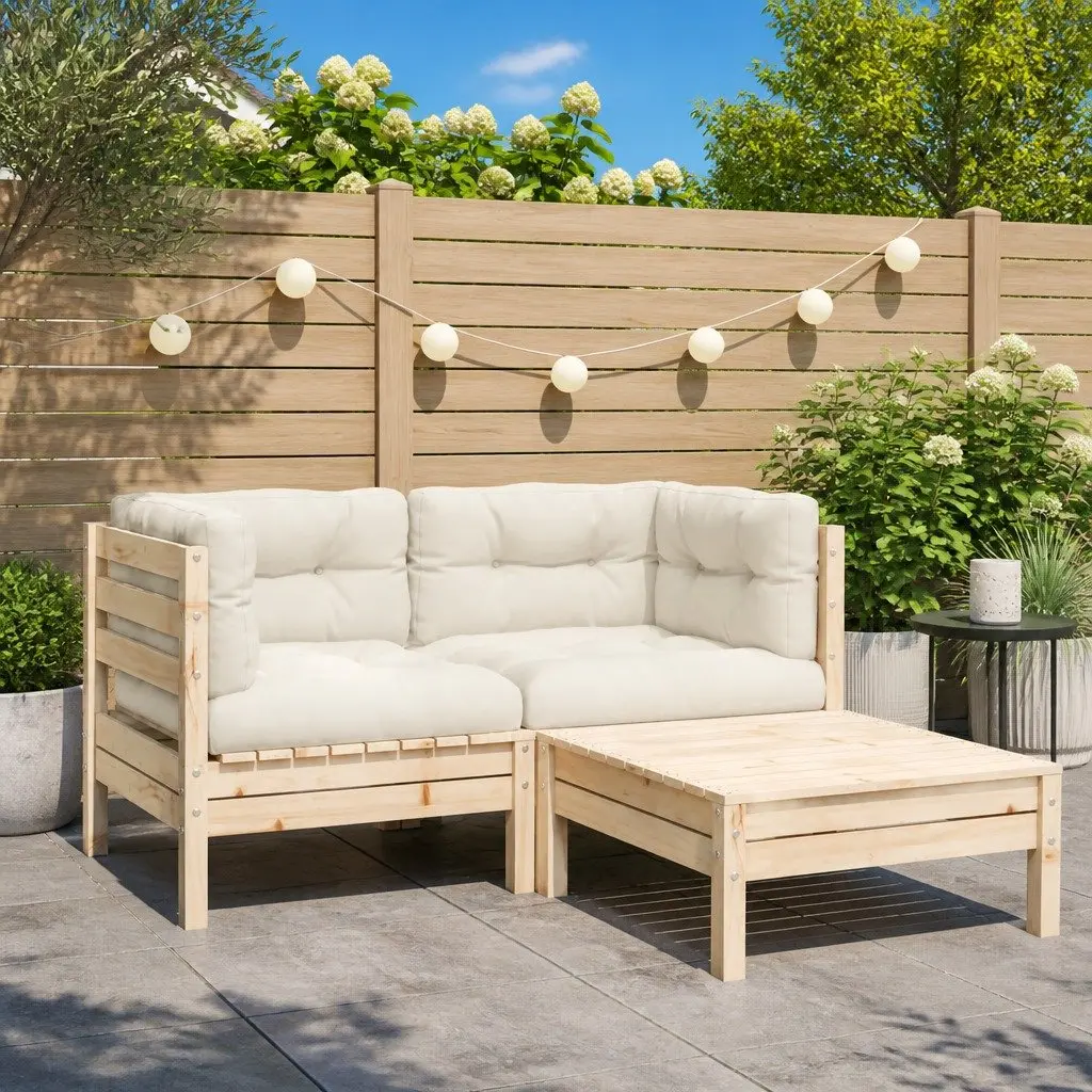 Garden Lounge Set Modular Sectional 3 Piece Solid Pinewood Cream Cushions