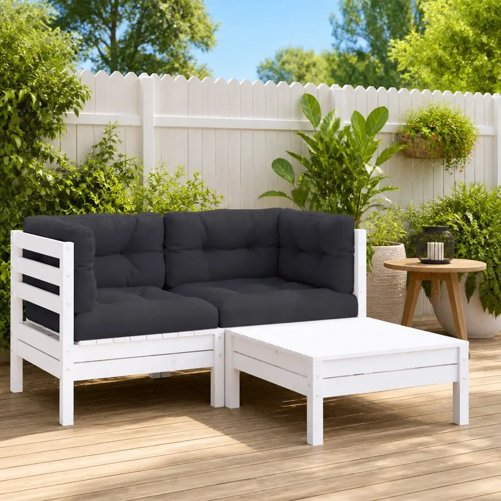 3 Piece Outdoor Garden Lounge Set Modular Sectional Seating with Cushions Solid Pinewood White