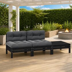 3 Piece Outdoor Garden Lounge Set Black Solid Pinewood with Cushions Patio