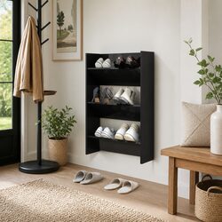 Wall Mounted Shoe Cabinet Black High Gloss 3 Shelves Tipping Storage Organiser