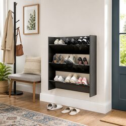 Wall Mounted Shoe Cabinet Grey High Gloss Tipping Shelves Entryway Organiser