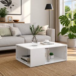 Coffee Table High Gloss White 2 Shelves Modern Accent Living Room Furniture