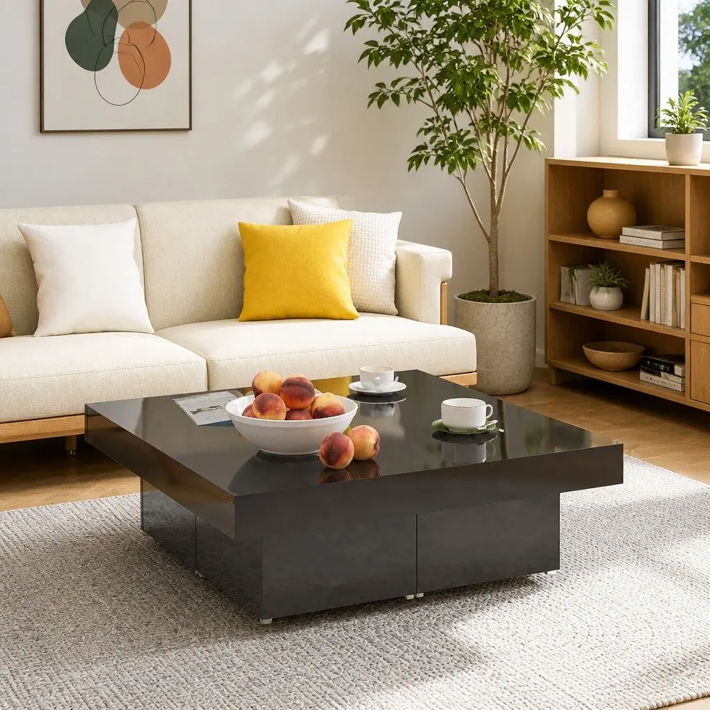 Coffee Table High Gloss Grey 90x90x28cm Modern Living Room Centre Table