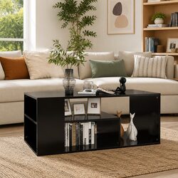 Coffee Table Black Storage Shelves Accent Living Room Furniture Modern Design