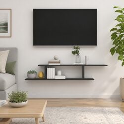 Wall-Mounted TV Shelf Grey Modern Floating Storage Asymmetrical Design Home