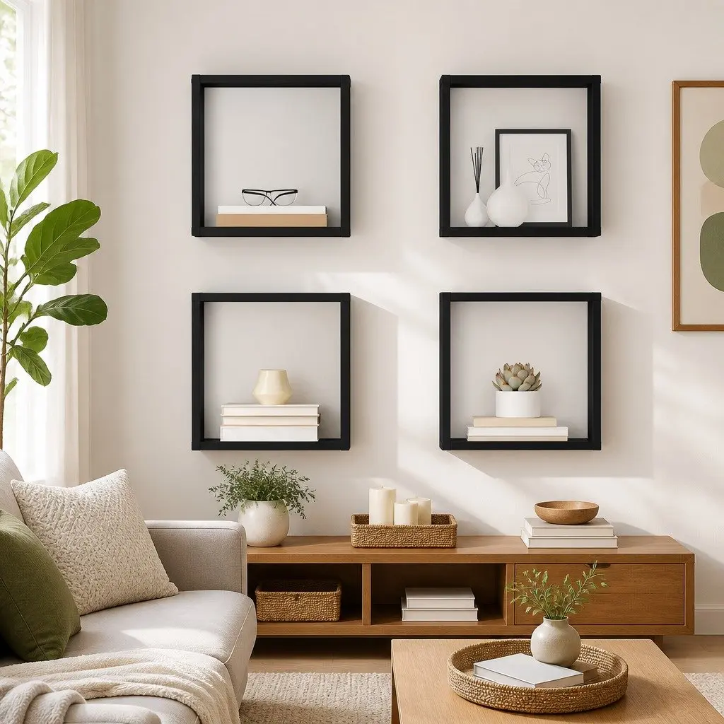 Wall Cube Shelves Set 4 Piece Grey Floating Storage Display Organiser