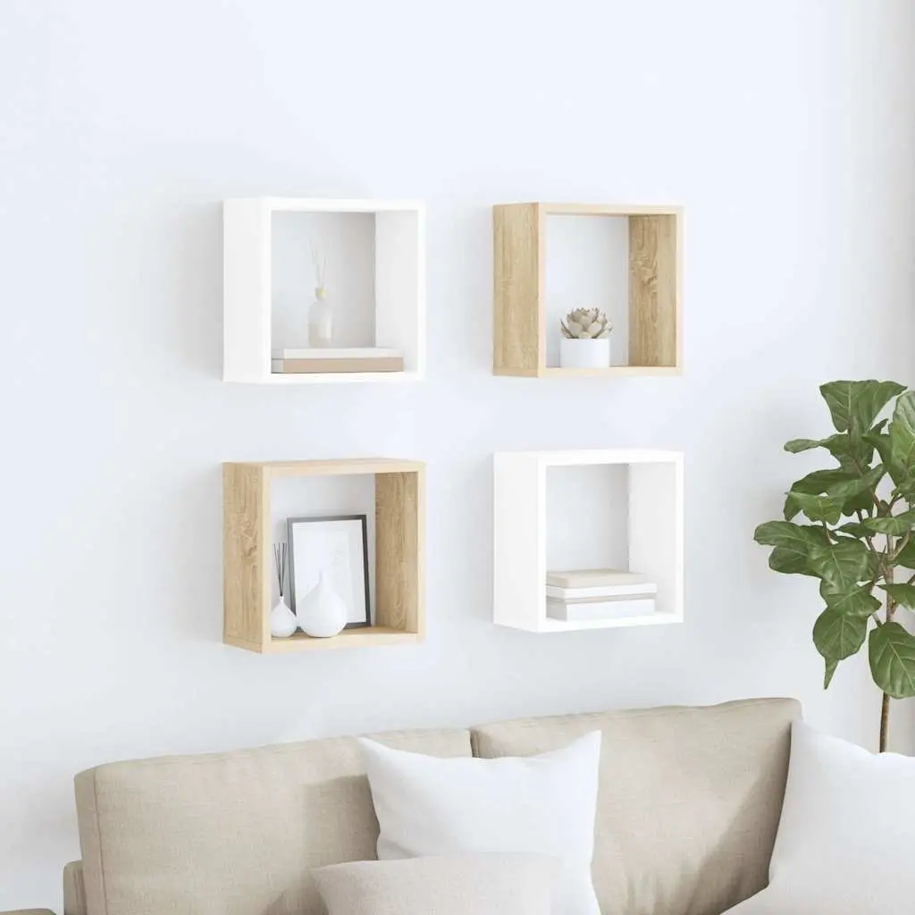 Wall Cube Shelves Set 4 Piece Floating Storage Display Organizer White Sonoma Oak