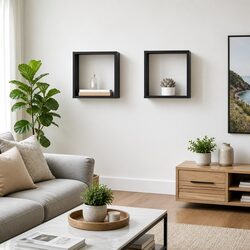 Wall Cube Shelves Set 2 pcs Grey Floating Storage Display Organizer Living Room