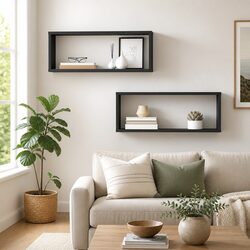 Wall Cube Shelves Grey Floating Storage Display Set of 2 Engineered Wood