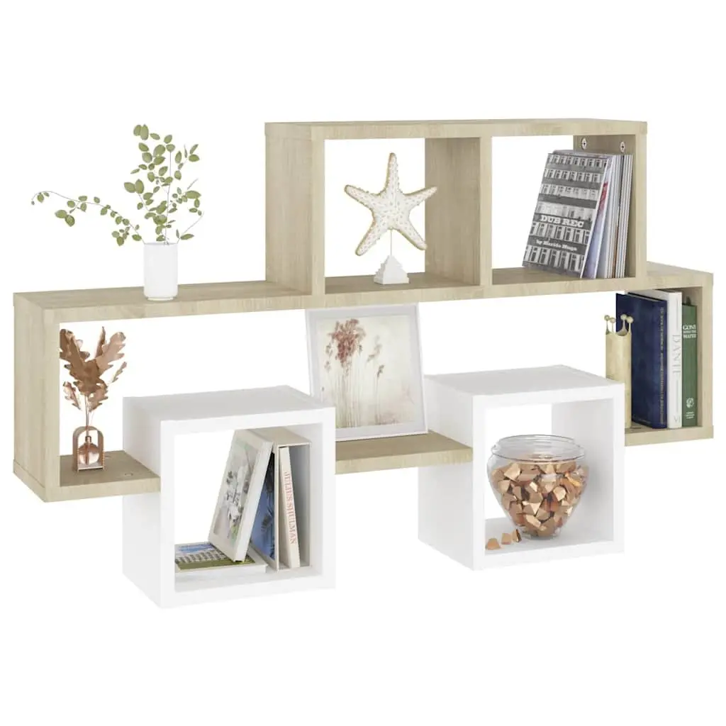 Car-Shaped Wall Shelf Open Compartments White Sonoma Oak Engineered Wood Storage Display Organizer