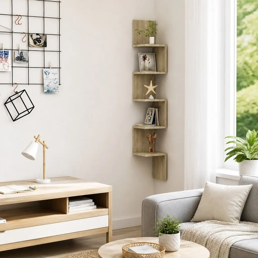 Wall Corner Shelf Engineered Wood Brown Display Shelving for Living Room