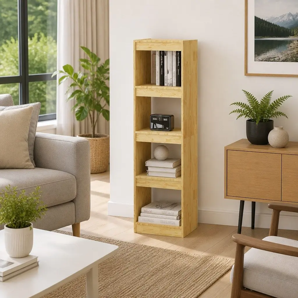 Bookcase Wooden Room Divider Storage Unit 4 Compartments Brown Pinewood