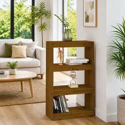 Book Cabinet Room Divider Honey Brown Wooden Bookshelf 3 Compartments Storage