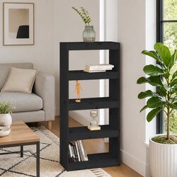 Book Cabinet Room Divider Black Solid Wood Pine Shelving Unit Storage Bookshelf