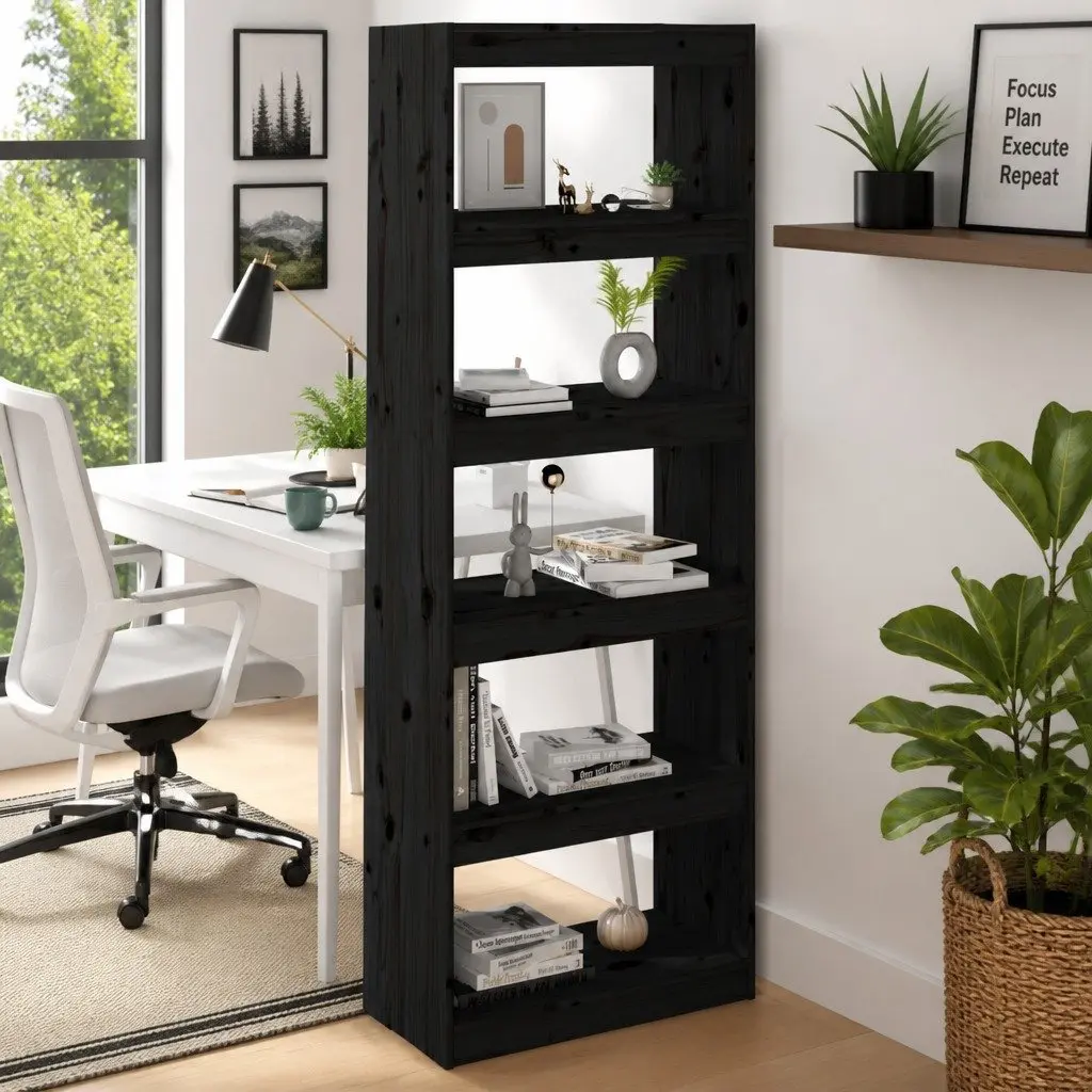 Bookcase Room Divider Solid Pine Wood Black 60x30x167.5 cm