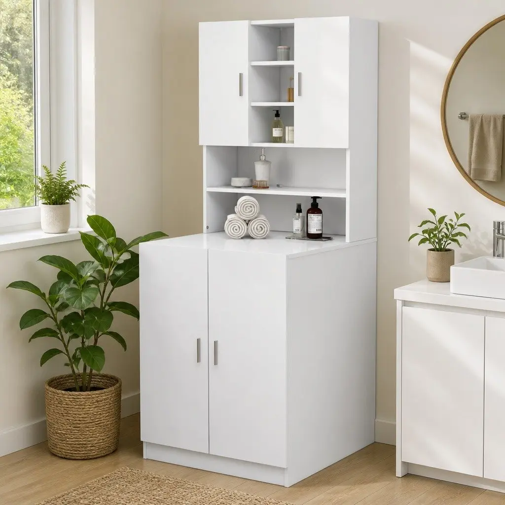 White Bathroom Storage Cabinet 70.5x25.5x90cm Washing Machine Organiser 2 Doors