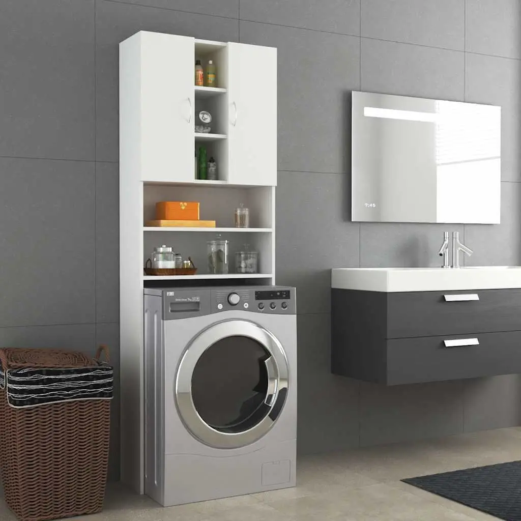 White Washing Machine Cabinet Bathroom Storage Cupboard 2 Doors 9 Compartments