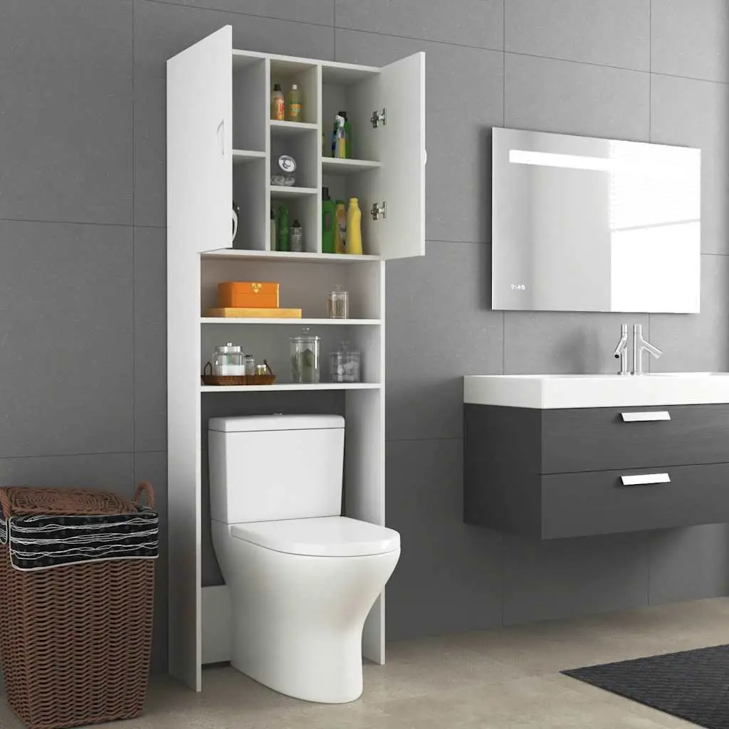 White Washing Machine Cabinet Bathroom Storage Cupboard 2 Doors 9 Compartments
