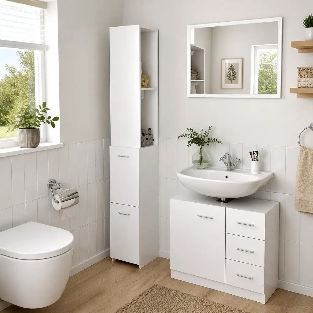 Bathroom Cabinet White Storage Cupboard Engineered Wood Tall Organiser