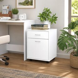 Rolling Storage Cabinet White 1 Door 1 Drawer Mobile Furniture with Lockable