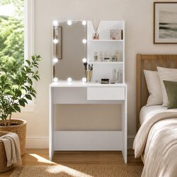Dressing Table with LED Mirror White Bedroom Vanity Unit Storage Drawer Shelves