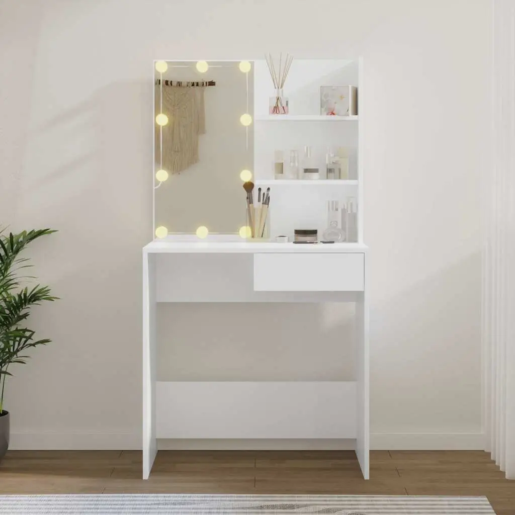 Dressing Table LED Mirror White Engineered Wood Storage Drawer Open Shelves