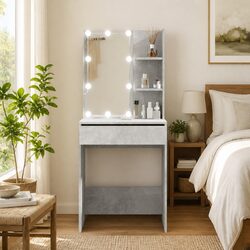 Dressing Table with LED Mirror Grey Makeup Vanity Storage Shelves Drawer
