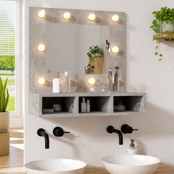 Mirror Cabinet with LED Bathroom Vanity Unit Grey Storage Shelves Wall Mounted