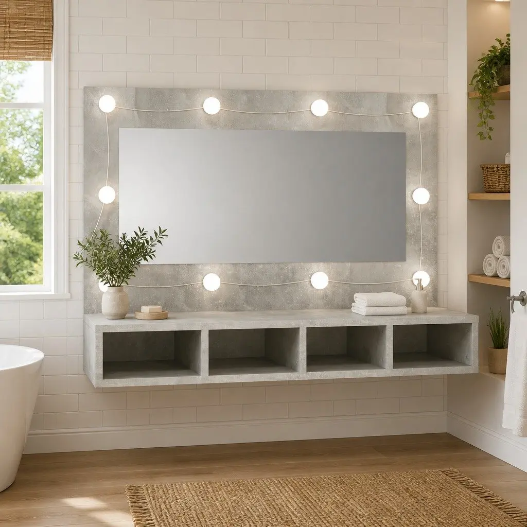 Bathroom Cabinet LED Mirror with USB Mode Switching Concrete Grey Engineered Wood 90x31.5x62 cm