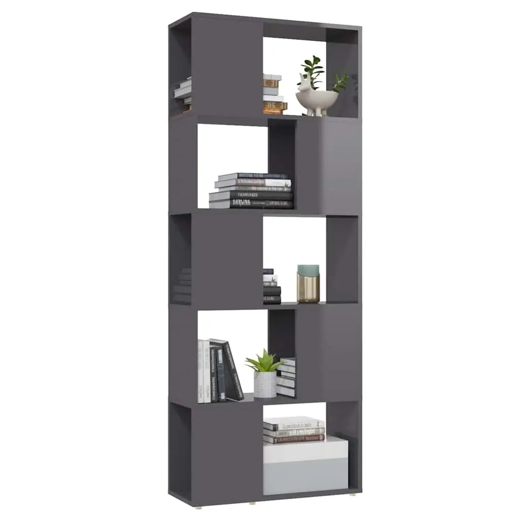 Book Cabinet Open Shelf High Gloss Grey Storage Organiser Display 60W x 24D x 155H cm