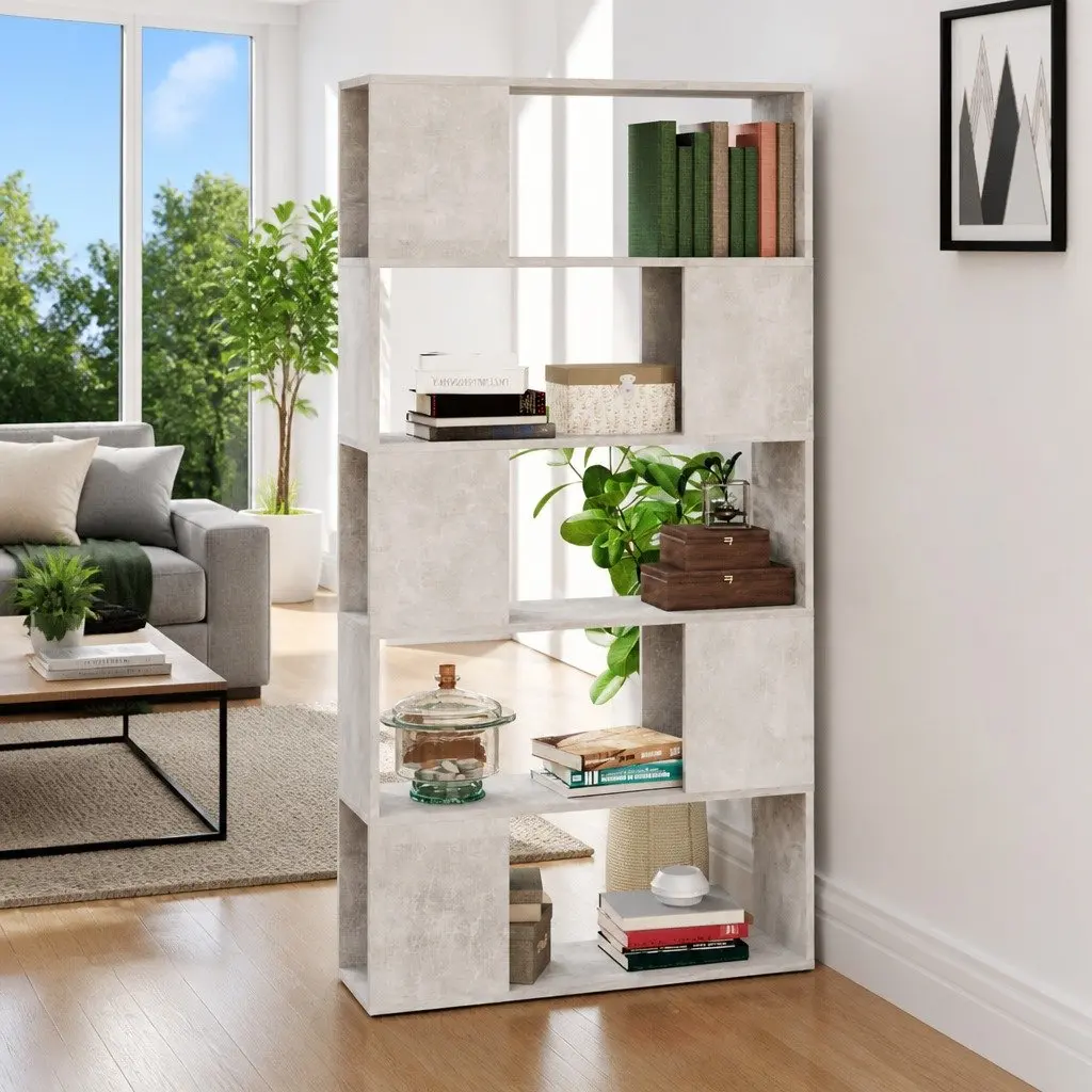 Book Cabinet Room Divider Concrete Grey Engineered Wood Shelving Unit