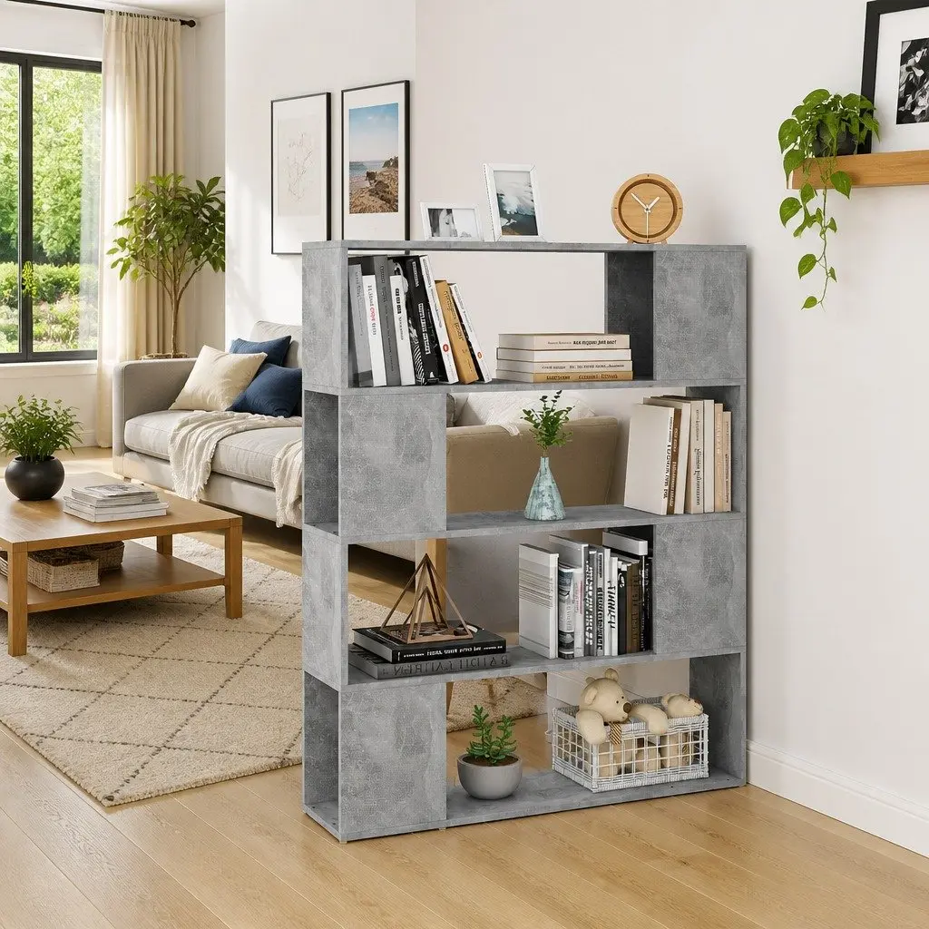 Bookcase Freestanding Room Divider Storage Shelf 100x24x124cm Grey