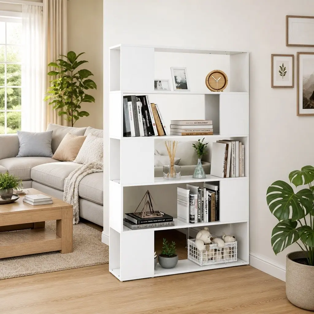 Bookcase White Standing Room Divider 5 Compartments Storage Shelf