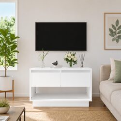 TV Cabinet White Living Room Storage Unit Open Shelf 2 Drawers Lowboard Stand