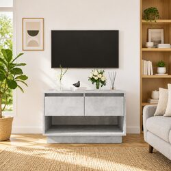 TV Cabinet Concrete Grey Living Room Storage Unit 2 Drawers Open Compartment