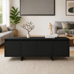 TV Cabinet Black 4-Door Lowboard Living Room Storage Entertainment Unit
