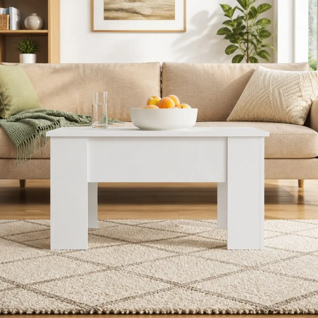 Coffee Table Lift-Top White Storage Compartment Engineered Wood Modern Living Room Furniture