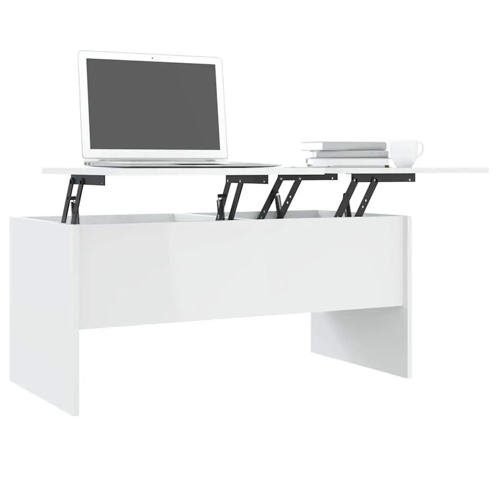 Coffee Table High Gloss White Adjustable Tabletop with Storage Compartments