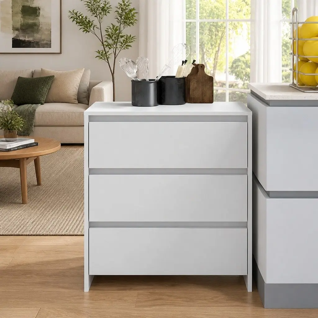 Sideboard White Minimalist Storage Cabinet 3 Drawers 70W x 41D x 75H cm