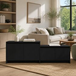 TV Cabinet 4 Doors Living Room Storage Unit Lowboard Black Engineered Wood