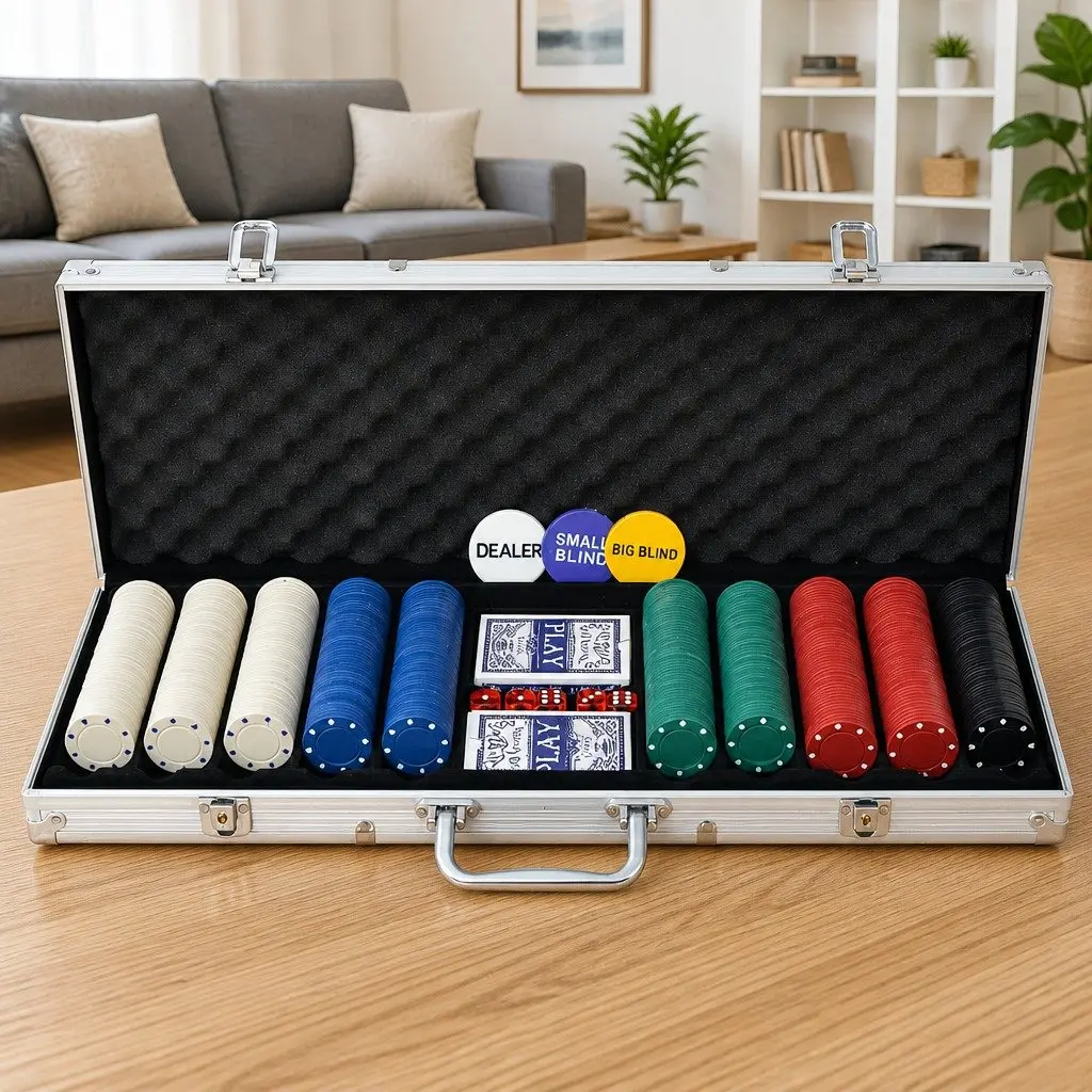 Poker Set 500 Chips Casino Dice Cards Buttons Aluminium Case