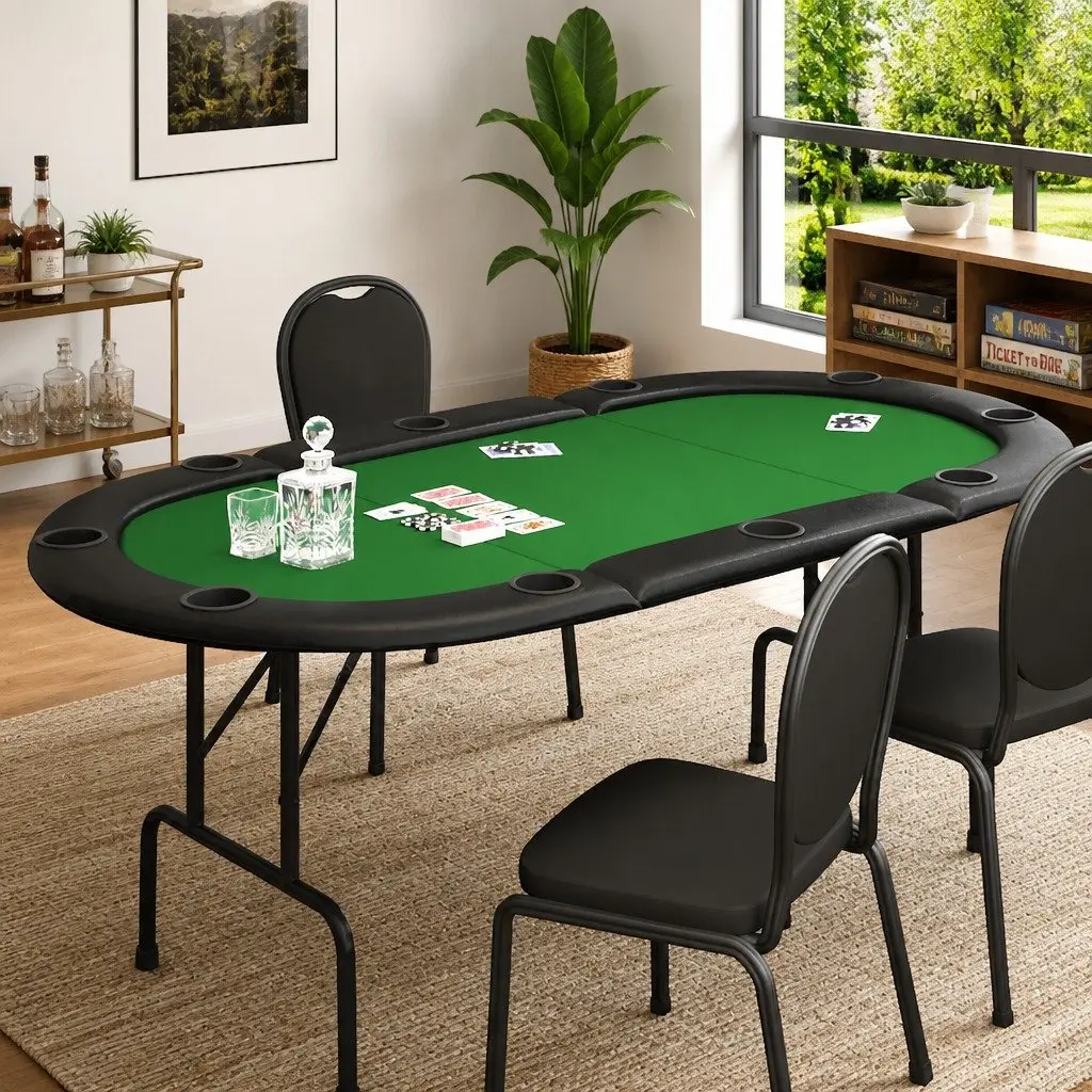 Poker Table Folding 10-Player Green Casino-Grade Felt Padded Rim Cup Holders