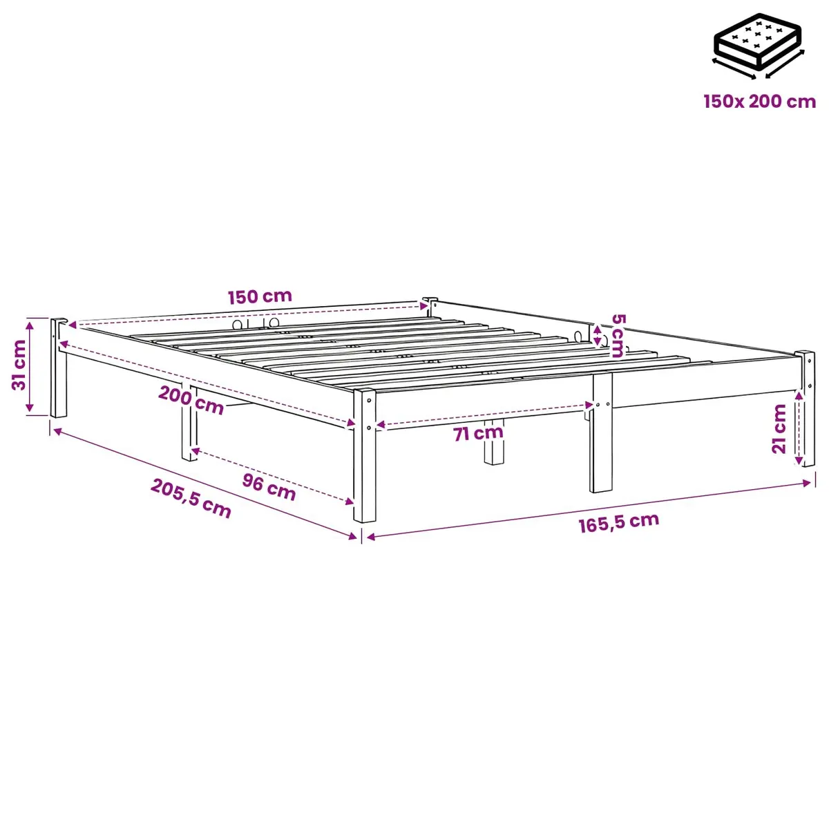 Solid Wood Bed Frame Slatted Base 150x200 cm Brown