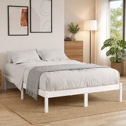 Bed Frame White Solid Wood 150x200 cm Slatted Base Modern Bedroom Furniture