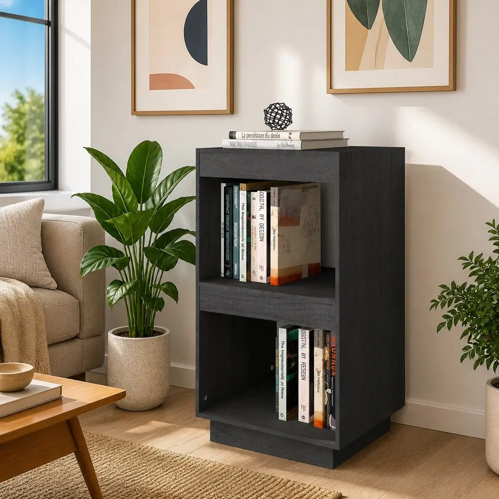 Bookcase Grey Solid Pinewood Storage Shelving Unit Display Rack