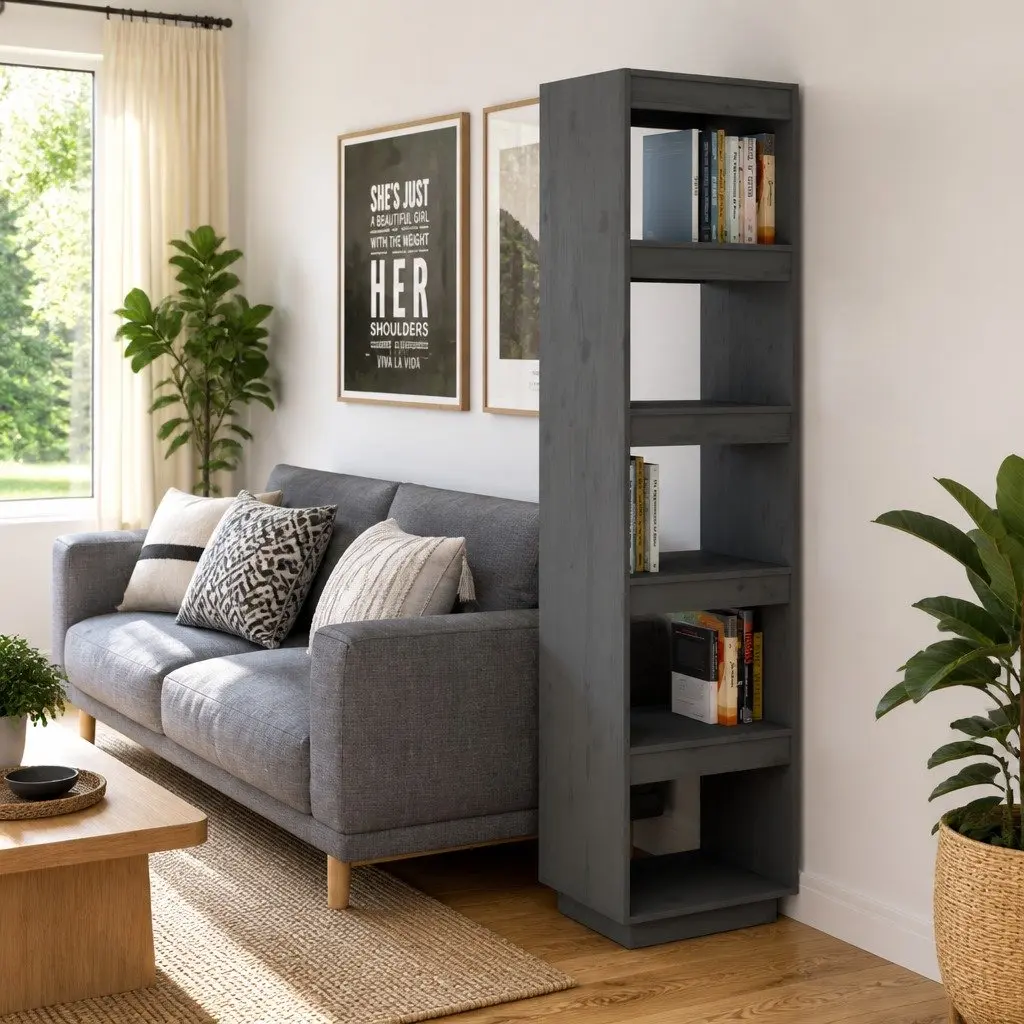 Book Cabinet Room Divider Solid Pinewood Grey 40x35x167 cm Storage Shelf