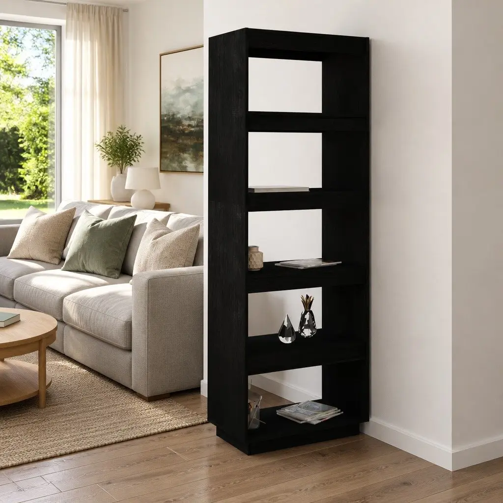 Book Cabinet Room Divider Solid Pinewood Black Shelving Unit