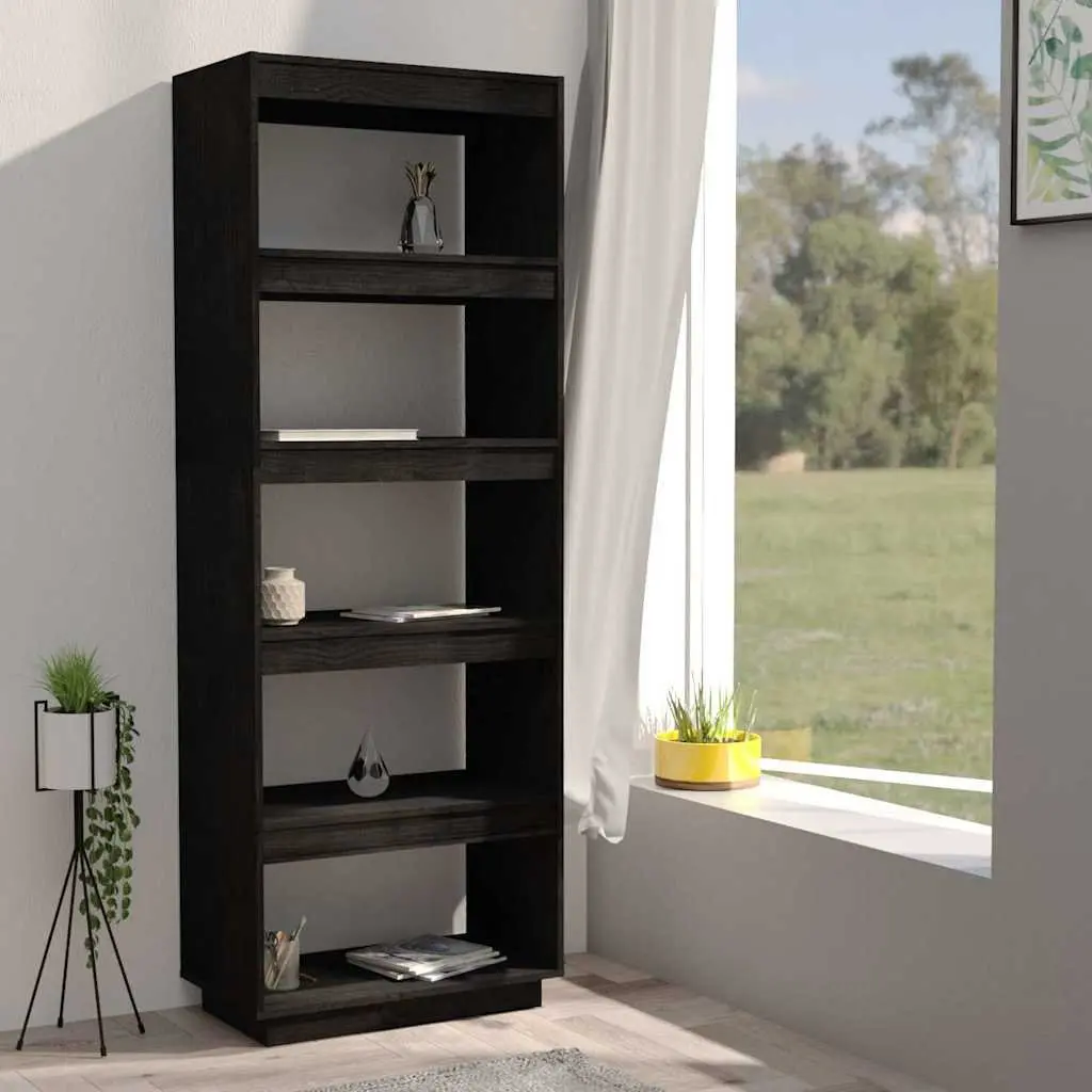 Book Cabinet Room Divider Solid Pinewood Black Shelving Unit