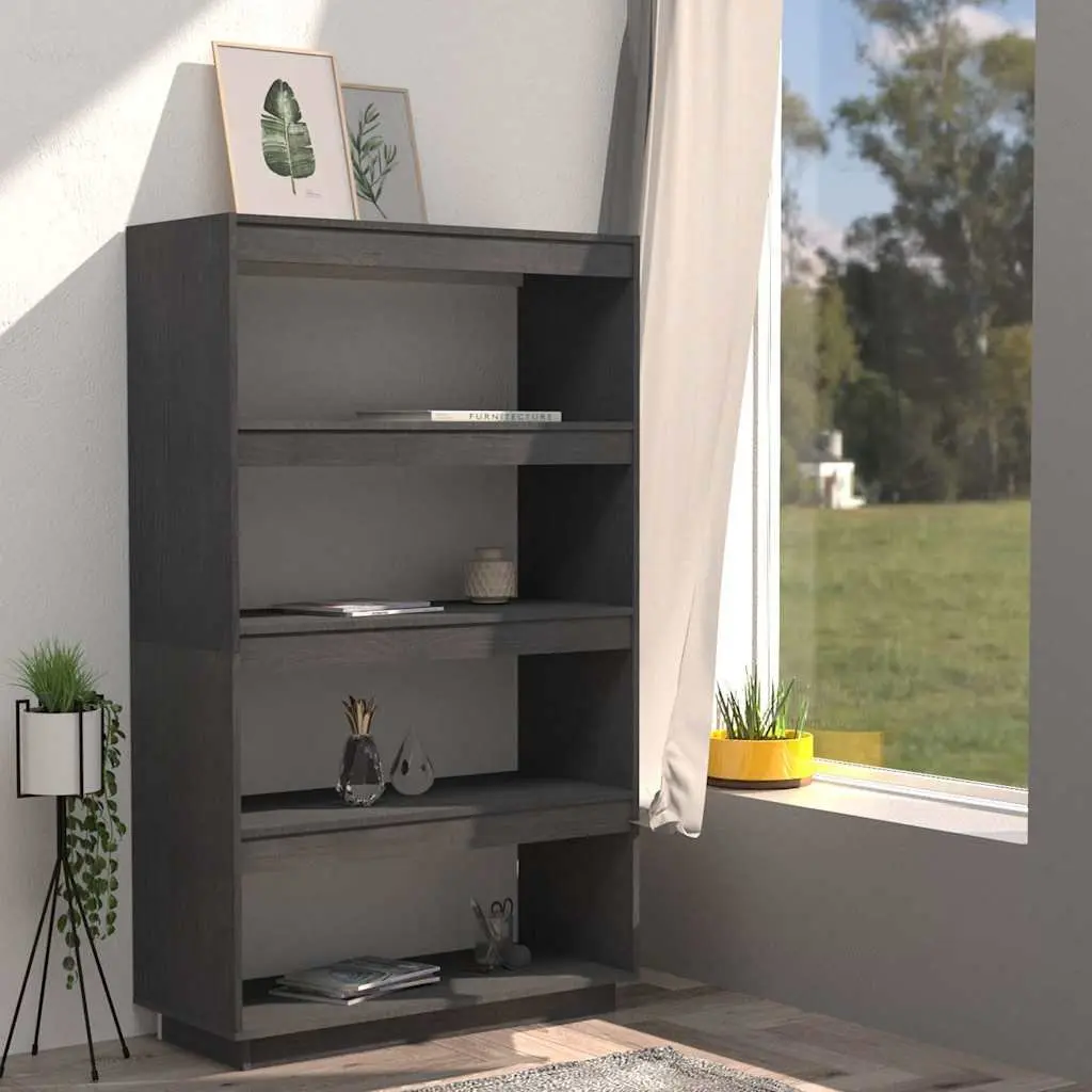 Book Cabinet Room Divider Solid Pinewood Grey Shelving Unit Storage Organizer