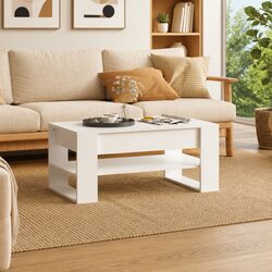 Coffee Table with Storage Shelf White Engineered Wood Living Room Furniture